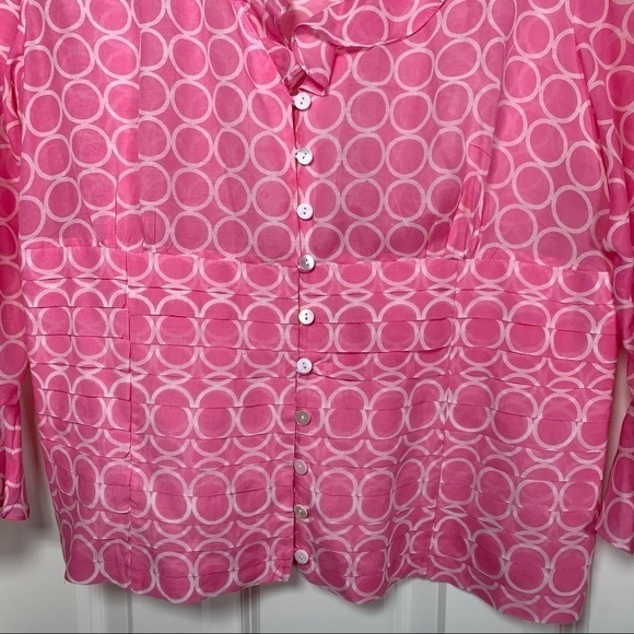 i.e. feminine y2k pink silk blouse with ruffle scoop neckline and bell sleeves L - Picture 6 of 9